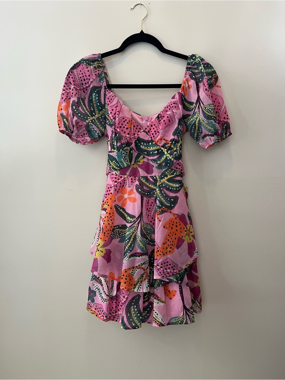 Crystal Doll Pink Floral Puff-Sleeve Tiered Mini Dress Sz XXS